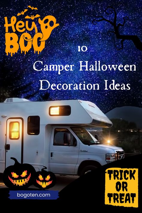 an rv with yellow lit windows at night under midnight blue sky with jack o'lanterns Motorhome Halloween Decorations, Travel Trailer Halloween Decorations, Rv Halloween Decor, Halloween Decorations Camping, Decorating Camper For Halloween, Halloween Camping Decorations Ideas, Rv Halloween Decorating Ideas Outside, Halloween Trailer Decor, Campground Halloween Ideas