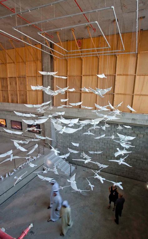 Suspended birds Hanging Art Installation, Suspended Art, Saudi Women, Middle Eastern Art, Ceiling Art, Origami Bird, Paper Birds, Master Decor, Hanging Ceiling