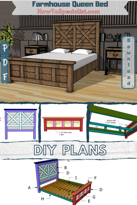 Farmhouse Queen size Bed Frame – Free Plans | HowToSpecialist - How to Build, Step by Step DIY Plans Farmhouse Queen Bed Frame Diy, Queen Size Bed Frame Diy, Diy Bed Frame Plans, Diy Farmhouse Bed, Farmhouse Bed Frame, Nightstand Plans, Bed Frame Plans, Farmhouse Bed, Queen Size Bed Frame