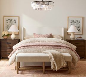 Arlo Upholstered Shelter Bed Cream Upholstered Bed, Mahogany Bedroom Furniture, Beige Upholstered Bed, Bedroom Upholstered Bed, Wood And Upholstered Bed, Pottery Barn Bedrooms, Shelter Bed, Winged Headboard, Pottery Barn Bedding