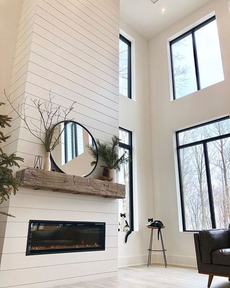 I get asked a lot about our fireplace so I thought I’d just just mention a few things about it here — it’s electric and we chose this one… Modern Farmhouse Fireplace, Design Camino, Wood Mantle, Farmhouse Room, Shiplap Fireplace, Modern Farmhouse Living, Farmhouse Fireplace, Modern Farmhouse Living Room, Trendy Living Rooms