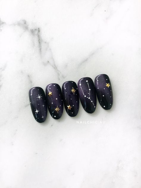 Galaxy Nails Art, Taurus Constellation Nails, Galaxy Nails Acrylic, Space Nails Galaxy, Astronomy Nails, Astrology Nail Art, Taurus Nails Designs, Horoscope Nails, Horoscope Nail Art