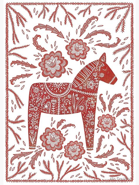 Scandinavian Folk Art Swedish Style, Horse Folk Art, Swedish Dala Horse, Horse Wall Art Canvases, Horse Illustration, Fabric Poster, Dala Horse, Scandinavian Folk Art, Paul Klee