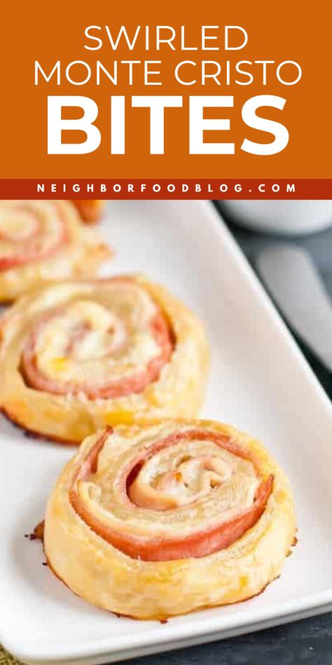 Whip up easy New Year appetizers and Super Bowl party food with Monte Cristo Swirls! These ham and cheese spirals combine sweet, savory, creamy, and tangy flavors in every bite. Pin this for a crowd-pleasing snack to impress your guests! Monte Cristo Bites, Monte Cristo Appetizer, New Year Appetizers, Pillsbury Biscuit Recipes, Crescent Roll Appetizers, Super Bowl Party Food, Savory Ham, Healthy Munchies, New Years Appetizers