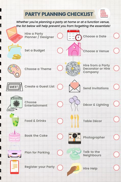 Are you planning a party? Download our party planning checklist made by our party experts to ensure you have an amazing party for yourself and your guests. If this is still too confusing for you, don't stress! Contact one of our partyologists today for a stress free party planning process! Debut Planning Checklist, 18th Birthday Party Checklist, Party To Do List Birthday, Bday Plan Ideas, How To Plan A Birthday Party, How To Plan A Party, Birthday Planning Checklist, Birthday Plans Ideas, Bday Party Activities