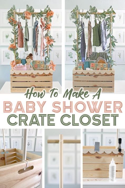 This is the cutest baby shower gift idea. Turn a wooden crate into a little closet to hang all the cute baby clothes on! It makes for a darling display at the baby shower! This is a very easy tutorial to follow with good step-by-step instructions.   Baby Shower Gifts | Baby Shower Crate Closet | Baby Gifts | Baby Shower Ideas | Baby Shower Decor Baby Shower Gifts Crate, Baby Closet Baby Shower Gift, Diy Wooden Crate Baby Shower Gift, Baby Shower Clothesline Decoration, Diy Baby Closet Crate, Unwrapped Baby Shower Gifts Display, Baby Shower Closet Crate, Baby Shower Wooden Crate Gift, Baby Shower Gift Wrapping Ideas Creative