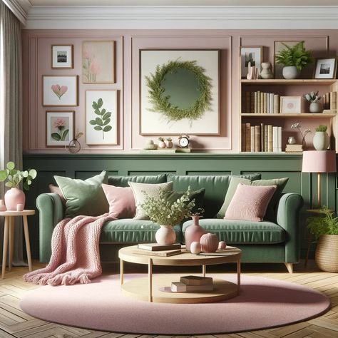 soft pink and forest green living room Forest Green Living Room, Pink Sofa Living Room, Old Money Interior Design, Old Money Interior, Rose Furniture, Green Couch Living Room, Lounge Tv, Dark Green Living Room, Green Sofa Living Room