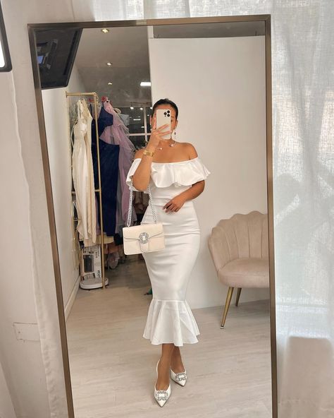 White Ruffle Bardot Mermaid Midi Dress✨🤍 Sizes: XS, Small, Medium & Large 🕊️ Material stretches a bit. Thick material. Still a bit see through. Model size: XS ✨ Mermaid Midi Dress, Gown Skirt, Instagram White, Mermaid, Midi Dress, Skirt, White, Quick Saves, Clothes