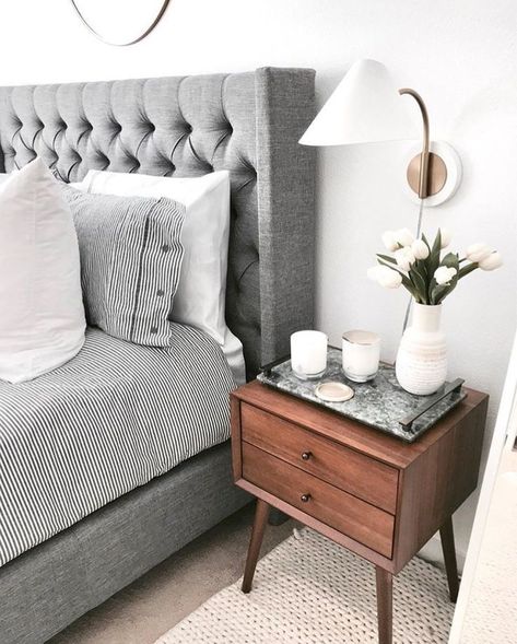 Gray upholster bedframe + West Elm Mid-Cen night stand Gray Headboard, Grey Bed, Grey Bed Frame, Grey Headboard, Night Stands, Gray Bedroom, Trendy Bedroom, Wood Bedroom, Bedroom Headboard