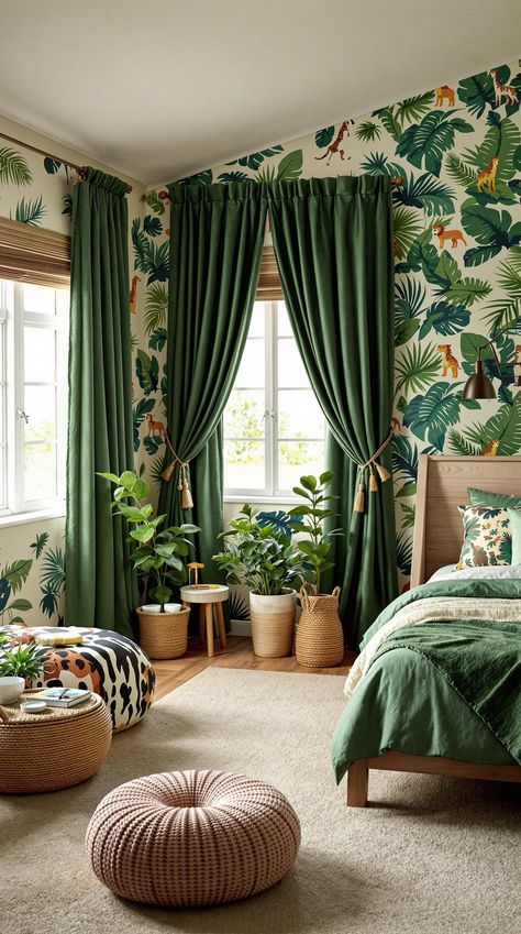 Boho Bedroom Ideas for Kids Jungle Theme Kids Room, Whimsical Room Decor, Kids Jungle Room, Jungle Themed Room, Bedroom Ideas For Kids, Whimsical Room, Jungle Bedroom, Nautical Room, Nature Room