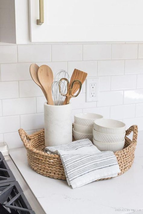 Woven Trays, Driven By Decor, Gray And White Kitchen, White Kitchen Remodeling, Decor Minimalist, Counter Top, Kitchen Styling, Home Staging, Home Decor Kitchen