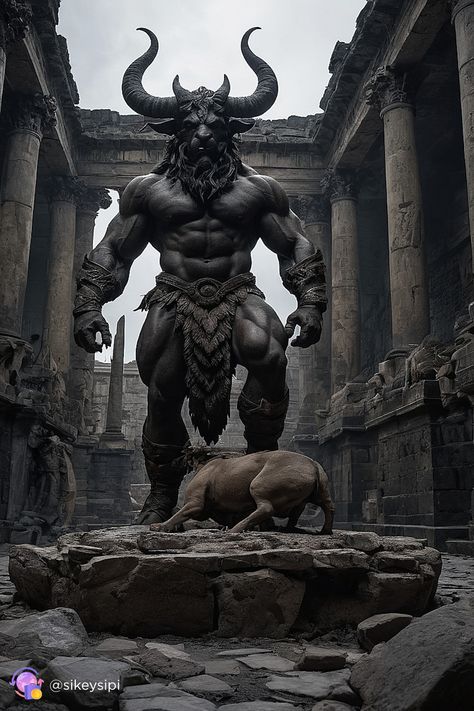 Step into the labyrinth with this awe-inspiring depiction of the Minotaur. Crafted by Stable Diffusion, this image captures the essence of one of mythology's most formidable creatures, guarding the secrets of ancient ruins with a fierce gaze. Perfect for adding a touch of mystery and power to your collection. #LabyrinthGuardian #MythicalCreatures #PowerfulArt Greek Minotaur Tattoo, Greek Creatures Tattoo, Labyrinth Greek Mythology, Mythology Sketches, Minotaur Tattoo, Minotaur Labyrinth, Minotaur Costume, Minotaur Art, Mythical Gods