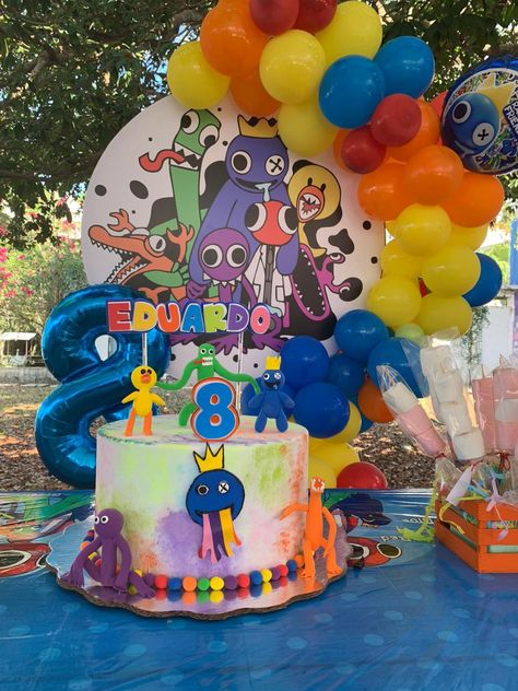 Rainbow Friends Party Decor, Rainbow Friends Party Ideas, Fiesta Rainbow Friends, Rainbow Friends Birthday Party, Roblox Birthday Cake, Dolphin Party, Rainbow Friend, Ban Ban, Rainbow Friends