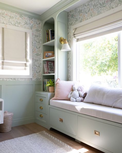 Was a pleasure working with this young couple on their little girls bedroom. From demolition to wainscoting, builtins and wallpaper the whole process flowed to create this beautiful space 🧚✨ 📸 shot by Dawn Girls Dream Bedroom, Bedroom Window Seat, Floor To Ceiling Bookshelves, Childrens Rooms, Toddler Bedroom Girl, Large Window, Office Inspo, Pastel Room, Kids Interior Room