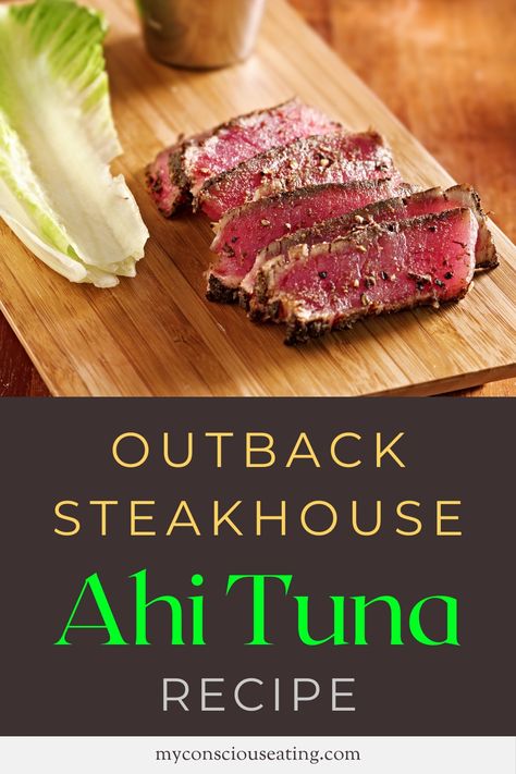 Ahi tuna on a wooden board Outback Seared Ahi Tuna Recipe, Outback Ahi Tuna Recipe, Mediterranean Ahi Tuna Recipe, Crusted Tuna Steak Recipes, Ahi Tuna Steak Dinner, Outback Ahi Tuna Dipping Sauce, Blackened Ahi Tuna Recipe, Ahi Tuna Steak Recipe Marinade, Grilled Ahi Tuna Steak Recipe