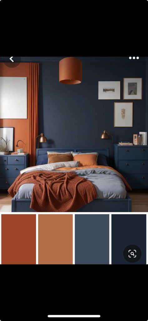 Terra Cotta Navy Bedroom, Teal Green Bedroom Decor, Navy And Rust Bedroom Ideas, Burnt Orange And Light Blue Bedroom, Terracotta Blue Bedroom, Dark Blue And Orange Bedroom, Terracotta Navy Bedroom, Light Blue And Rust Bedroom, Navy Burnt Orange Bedroom