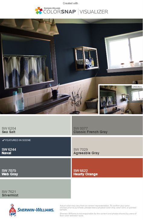 Bathroom Color Inspiration, Sw Naval, Bathroom Paint Colors Sherwin Williams, Mountain Bathroom, Sherwin Williams Paint Neutral, Best Bathroom Paint Colors, Agreeable Gray, Neutral Paint Colors, Bathroom Paint Colors