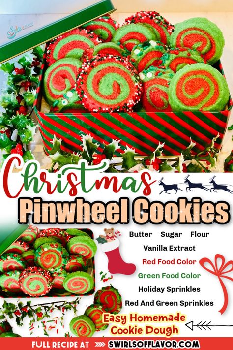 Christmas Pinwheel Cookies make the holidays even more festive! An easy homemade cookie dough is tinted with holiday colors and rolled into pinwheels. Just roll, slice and bake. So much fun for the holidays! Colorful Christmas cookies! #christmas #holidaybaking #christmascookies Pinwheel Christmas Cookies, Pinwheel Cookies Christmas, Christmas Pinwheel Cookies, Spooky Halloween Snacks, Diy For Mom, Christmas Drink Recipes, Pinwheel Sugar Cookies, Christmas Tree Cheese, Pinwheel Cookies Recipe