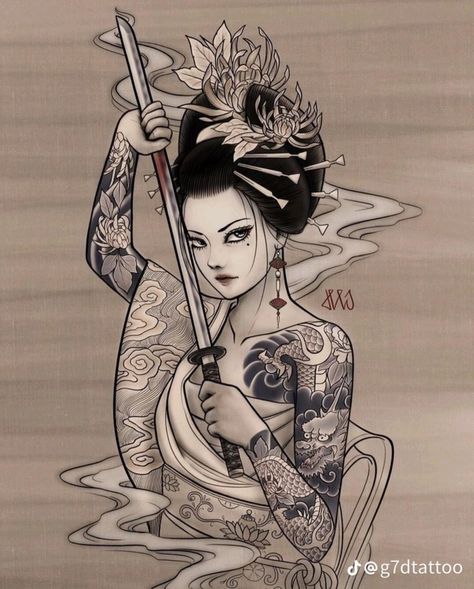 Simple Dragonfly, Japanese Geisha Tattoo, Yourself Tattoo, Japanese Tattoo Women, Geisha Tattoo Design, Female Warrior Tattoo, Dragon Tattoo Art, Female Samurai, Geisha Tattoo