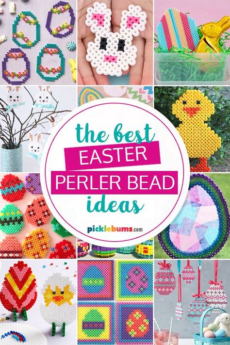 collage of Easter perler bead ideas Easter Perler Bead Patterns, Perler Easter, Easter Hama Beads, Perler Bead Ideas, Mini Hama Beads, Fun Easter Decorations, Craft Activity For Kids, Easy Perler Bead Patterns, Easter Egg Ornaments