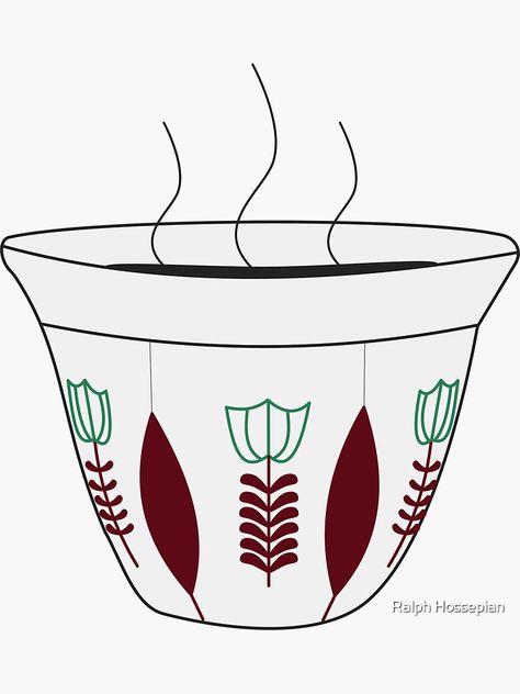 "Arabic oriental coffee cup - Lebanese fenjen ahwe with flowers" Sticker by ralphhovsepian | Redbubble Lebanese Coffee Cup Tattoo, Arabic Coffee Tattoo, Arabic Coffee Drawing, Arabic Coffee Illustration, Lebanese Coffee Cups, Lebanese Tattoo, Lebanon Drawing Ideas, Lebanese Aesthetic, Lebanese Coffee