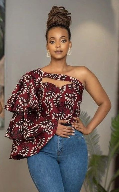 Tops With Ankara, Kitenge Blouse Designs, Ankara Wrap Top Styles, Ankara Tops Blouses With Jeans, Ankara Tops For Women, Ankara Tops Styles, Chitenge Tops, Kitenge Designs Dresses, Kitenge Outfits