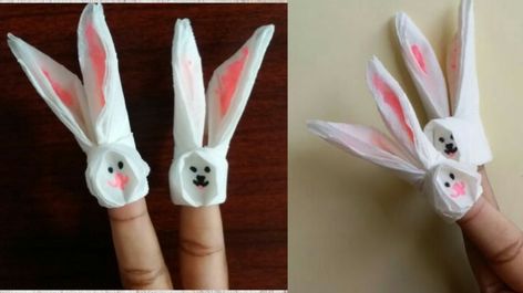 Tissue Paper Rabbit, How To Make Rabbit With Paper, Bunny Finger Puppet, Kites Preschool, Bunny Puppet, Origami Hand, Bunny Origami, Paper Rabbit, Activities Director