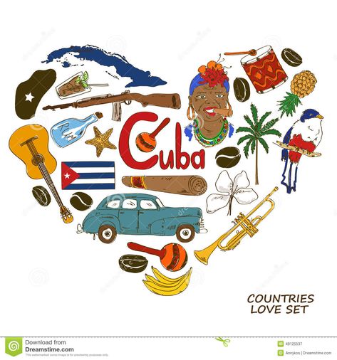 Cuban Symbols In Heart Shape Concept - Download From Over 55 Million High Quality Stock Photos, Images, Vectors. Sign up for FREE today. Image: 48125537 Cuban Tattoos, Heart Landscape, Cuba Country, Diet Illustration, Havana Nights Party Theme, Vintage Cuba, Travel Background, Cuban Culture, Cuban Art