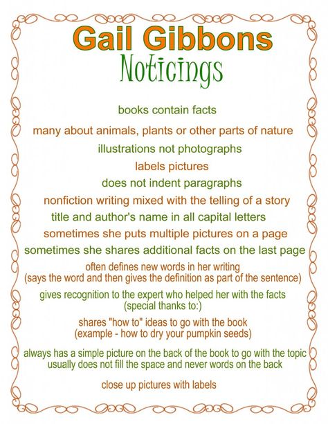 A newer unit of study our district has incorporated into our writing workshop over the last couple of years is literary nonfiction. Weaving facts with storytelling can be a difficult concept for young authors to apply to their own writing. We believe that the best approach is immersing children in good examples of this writing … Gail Gibbons Author Study, Writers Workshop Kindergarten, Gail Gibbons, Teacher Tricks, Literary Nonfiction, Classroom Goals, Non Fiction Writing, Writing Station, Author Study