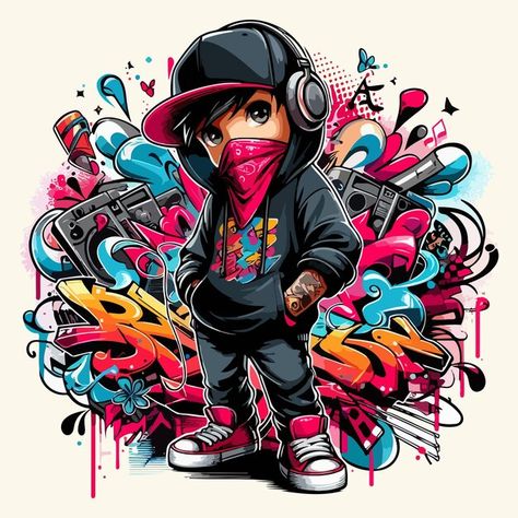 Hip hop boy | Premium Vector #Freepik #vector #graphiti #kid-illustration #ninja-illustration #cartoon-design Freepik Illustration, Hip Hop Illustration, Cartoon Graphic Design, Graffiti Party, Ninja Illustration, Kid Illustration, Cool Background, Logo Illustration Design