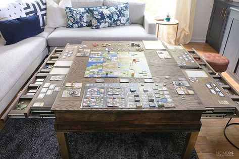 This stunning DIY coffee table with pullout compartments was built especially with puzzle storage and board games in mind! | Home Made by Carmona | #diy #coffeetable #gamerstable #boardgames #tabletopgames #gameroom #boardgameroom #table Mancave Table Ideas, Gaming Coffee Table Diy, Coffee Table Game Table, Board Game Product Photography, Board Game Coffee Table, Board Games Table, Puzzle Tables, Game Coffee Table, Game Closet