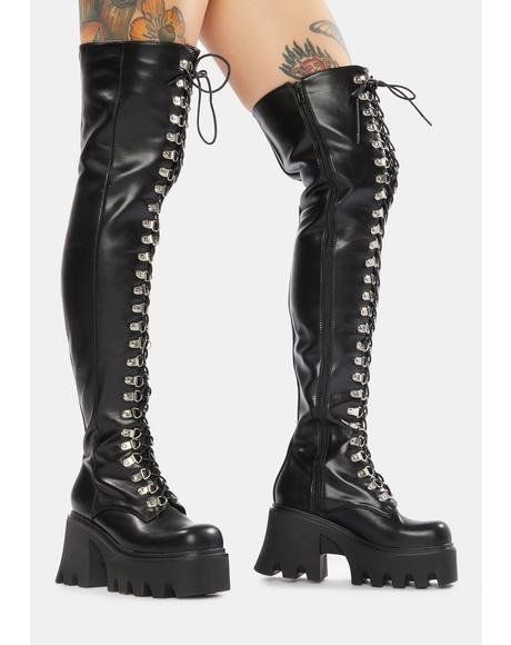 Shoes Sale | Dolls Kill Thigh High Chunky Boots, Thigh High Combat Boots, Chunky Boots Black, High Combat Boots, Thigh High Platform Boots, Female Costume, Creeper Boots, Platform Combat Boots, Leopard Boots