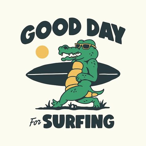 Surfing crocodile mascot illustration | Premium Vector #Freepik #vector #surf-wave #surfing-surfer #surfing #crocodile-cartoon Animal Surfing, Crocodile Drawing, Surfing Illustration, Surfing Graphic, Crocodile Illustration, Deco Surf, Vintage Tshirt Design, Mascot Illustration, Crocodile Design