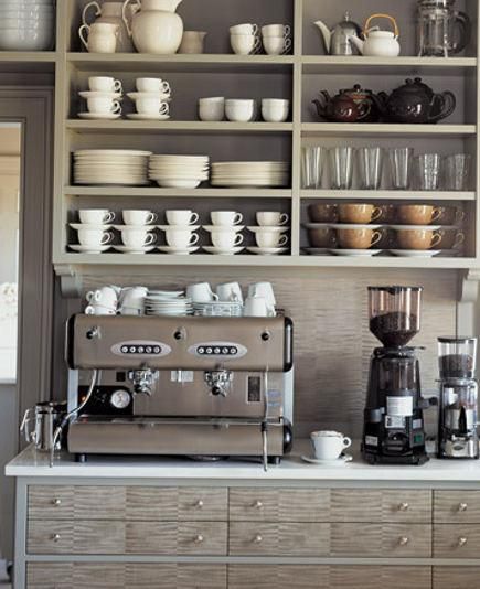 Martha Stewart's coffee center. Shelving In Kitchen, Martha Stewart Kitchen, Серая Кухня, Open Kitchen Shelves, Home Coffee Bar, Coffee Corner, Grey Kitchens, Organizing Your Home, 인테리어 디자인