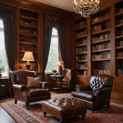 ⚠️LINK IN BIO⚠️ A sophisticated classic-style home library with floor-to-ceiling bookshelves, rich wooden hues, and a comfortable leather armchair. #HomeLibrary #ClassicStyle #Bookshelves #Wood #LeatherArmchair Wood Office Aesthetic, English Library Room, Classic Home Library Design, Bookshelves Wood, Traditional Study, Floor To Ceiling Bookshelves, Bedroom Seating Area, Library Designs, Office Aesthetic