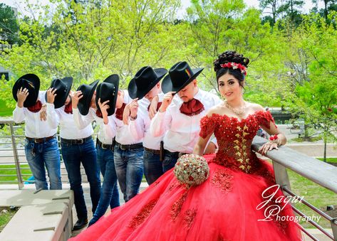 Red quince dress Al Estilo Isabella, #charrostyle #chambelanes #cowboyhats Quinceanera Chambelanes Outfits, Quince Chambelanes Outfits, Quinceanera Chambelanes, Quince Outfit, Chambelanes Outfits Quinceanera, Chambelanes Outfits, Red Quinceanera Ideas, Quinceanera Dresses Mexican, Vestido Charro