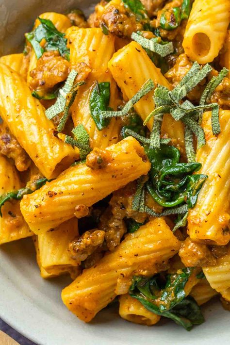 Pumpkin Pasta with Italian Sausage Pumpkin Kale Pasta, Pumpkin With Pasta, Tuscany Pumpkin Pasta Sauce Recipes, Pasta With Hot Italian Sausage, Pumpkin Savory Recipes, Sausage Pumpkin Pasta, Kim Wadsworth, Budgeting Meals, Thanksgiving Pasta