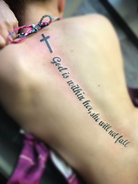 Verse Spine Tattoo, Bible Verse Spine Tattoo, Tattoo Verses, Spine Tattoos Ideas, Tattoo Down Spine, Tattoo Bible, Bible Quote Tattoos, Girl Spine Tattoos, Cute Thigh Tattoos