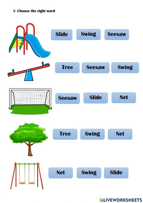 At the Park: Vocabulary online activity for Elementary. You can do the exercises online or download the worksheet as pdf. Playground Workout, Playground Activities, Fun Worksheets For Kids, Esl English, English Worksheets For Kindergarten, Vocabulary Exercises, All About Me Preschool, Kindergarten Prep, Playground Games