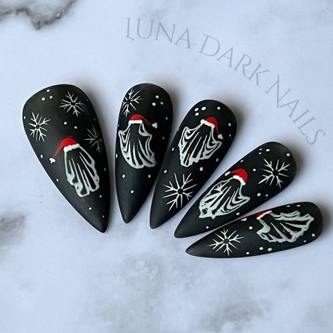 New Years Goth Nails, Nails Acrylic Gothic Almond, Cold Weather Nail Designs, Nail Designs 2024 Winter, Krampus Nail Designs, Christmas Ghost Nails, Gothic Xmas Nails, Spooky Holiday Nails, Yule Nail Designs