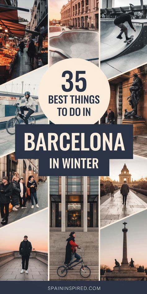 Collage of winter activities and attractions in Barcelona, including markets, skateboarding, and historic architecture. Barcelona Spain Winter, Winter In Barcelona, Barcelona Winter, Barcelona In Winter, Spain Winter, Travel In Spain, Barcelona Vacation, Things To Do In Winter, Barcelona Travel Guide