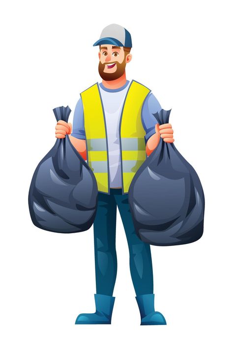 Worker with hat and safety vest holding garbage bags near a recycling bin. Cartoon illustration Community Helpers Clipart, Garbage Collector, Safety Vest, Garbage Bags, Community Helpers, Logo Banners, Cityscape Photos, Recycling Bins, Nature Backgrounds