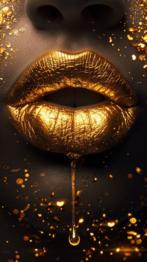 Lips with Golden Drops on Dark Background Gold Dark Aesthetic, Visual Composition, Rosé Phone, Inspirational Digital Art, Lip Wallpaper, Gold Lips, Gold Aesthetic, Beautiful Dark Art, Art Prompts