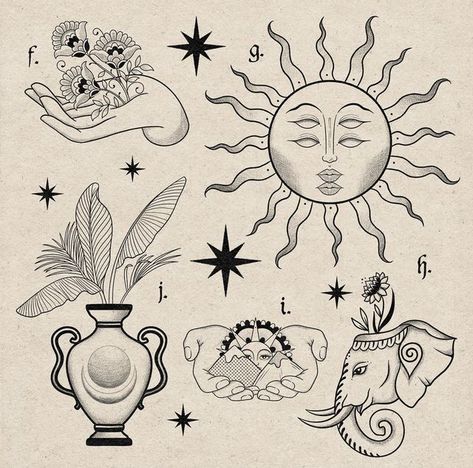 Leo Flash Tattoo, Sun Star Tattoo, Small Celestial Tattoo, Celestial Tattoo Ideas, Celestial Tattoo, Flash Sheets, Optical Illusion Tattoo, Henna Tattoo Hand, Flash Tattoo Designs