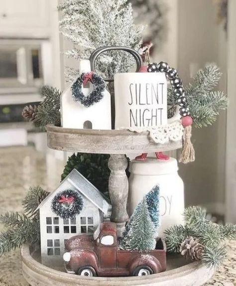 Tray Decor Christmas, Farmhouse Christmas Decor, Noel Christmas, Christmas Kitchen, Silent Night, Decoration Christmas, Christmas Deco, Tiered Tray Decor, Farmhouse Christmas