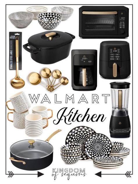 Home Kitchen Appliances, White Black And Gold Kitchen Ideas, Black Gold Silver Kitchen Decor, Black Gold And White Kitchen Decor, Black And Gold Aesthetic Home, Kitchen Decor Black And Gold, Black Kitchen Theme Ideas, White Kitchen Accessories Ideas, Black And Brown Kitchen Decor Ideas