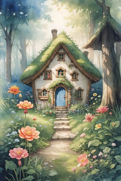 Fantasy Cottage Art, House In Jungle, Fairy Tale Village, Fantasy Cottage, House Wallpaper, Linen Closet Organization, Fairytale Fantasies, Fantasy Homes, Cottage Art