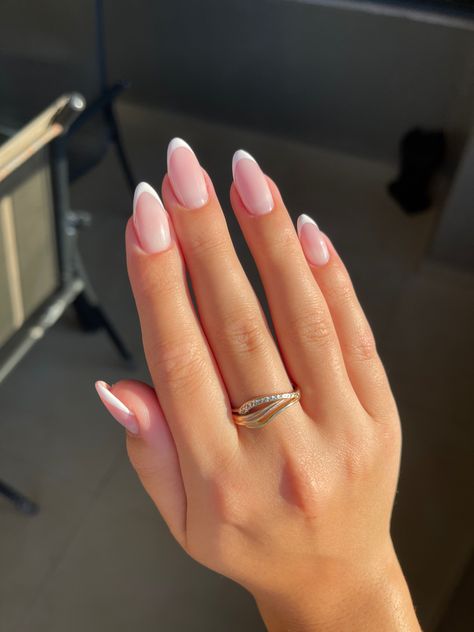 Pink White Tips Nails, White French Tip Aesthetic, Pink And White Nails Gel French Tips, Natural Almond Nails French, Elongated French Tip, White On Pink French Tip, Gel X French Tip Nails Almond, French Tips Coloured, Senior Picture Nail Ideas