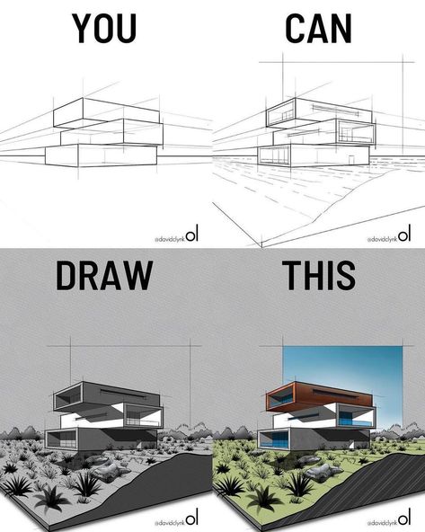 2 Point Perspective House, Procreate Architecture, Section Drawing Architecture, Architecture College, House Sketches, Slope House Design, Architecture Studies, Architecture Sketching, 2 Point Perspective Drawing