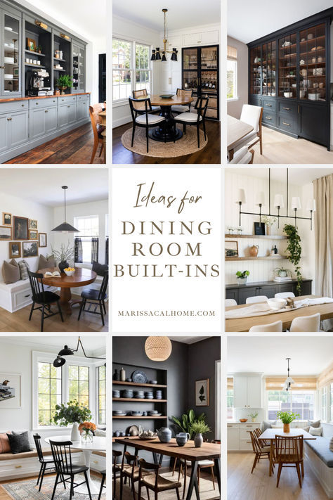 Let's break down all the types of dining room built-ins and if they're right for your space.  Besides adding beauty and storage, a benefit to dining room built-ins is getting rid of a big empty wall that is so common in builder-grade homes these days.  Extra cabinets and window seats in a dining room or breakfast nook are great, but won’t work for every space. How can you figure out if they’re right for your room? Kitchens With Dining Area, Dining Table Along Wall, Dining Room With Built In Bookshelves, Cabinets In Breakfast Area, Dining Room Built In Styling, Dining Room Closet Ideas Built Ins, Built In Cabinetry Dining Room, Built In Storage Wall Dining Room, Cabinets Behind Dining Table